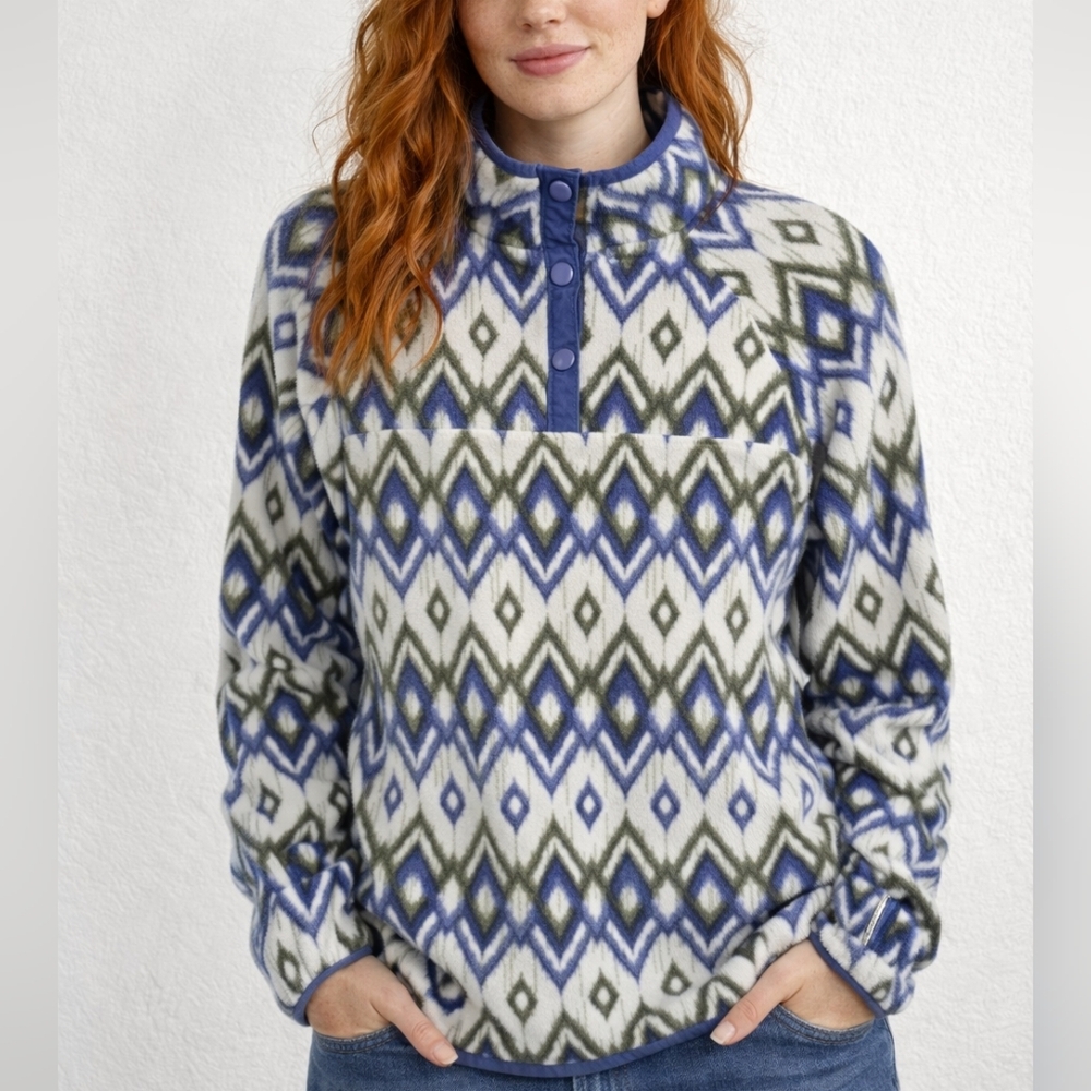 Womens Fleece Top 1/4 Snap Front Blue Green Cream By 44 North Sz L Activewear